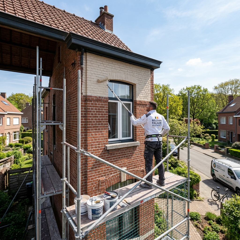 Schilder op een stelling schildert de gevel van een Belgisch bakstenen huis