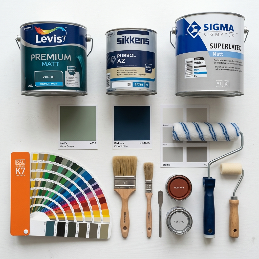 Flat lay van Levis, Sikkens en Sigma verfblikken met kleurenwaaier en kwasten